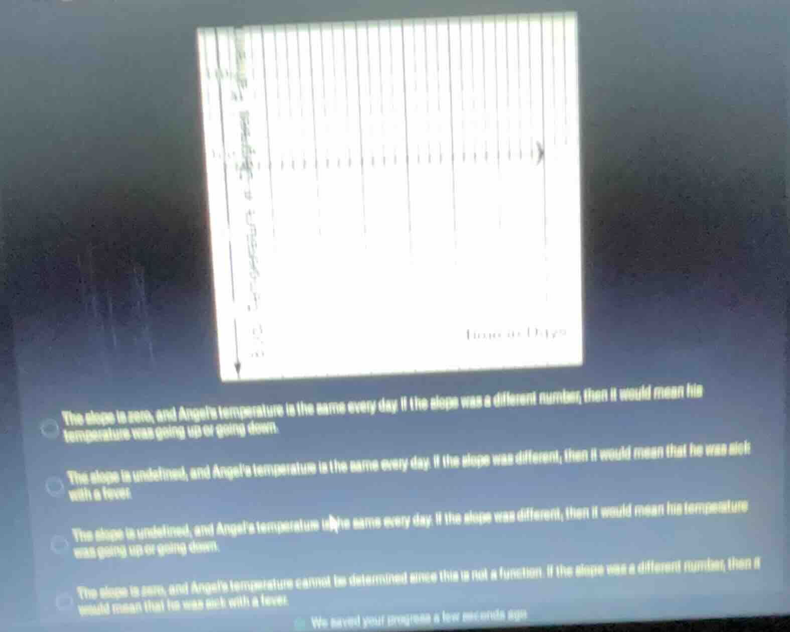 the slope is zero, and angels temperature is the same every day. if the…