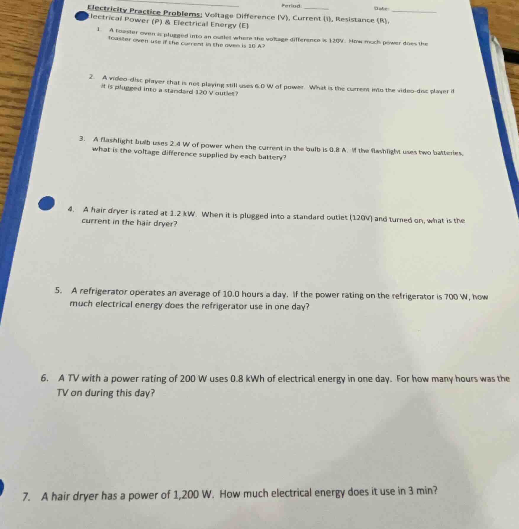 electricity practice problems: voltage difference (v), current (i), res…