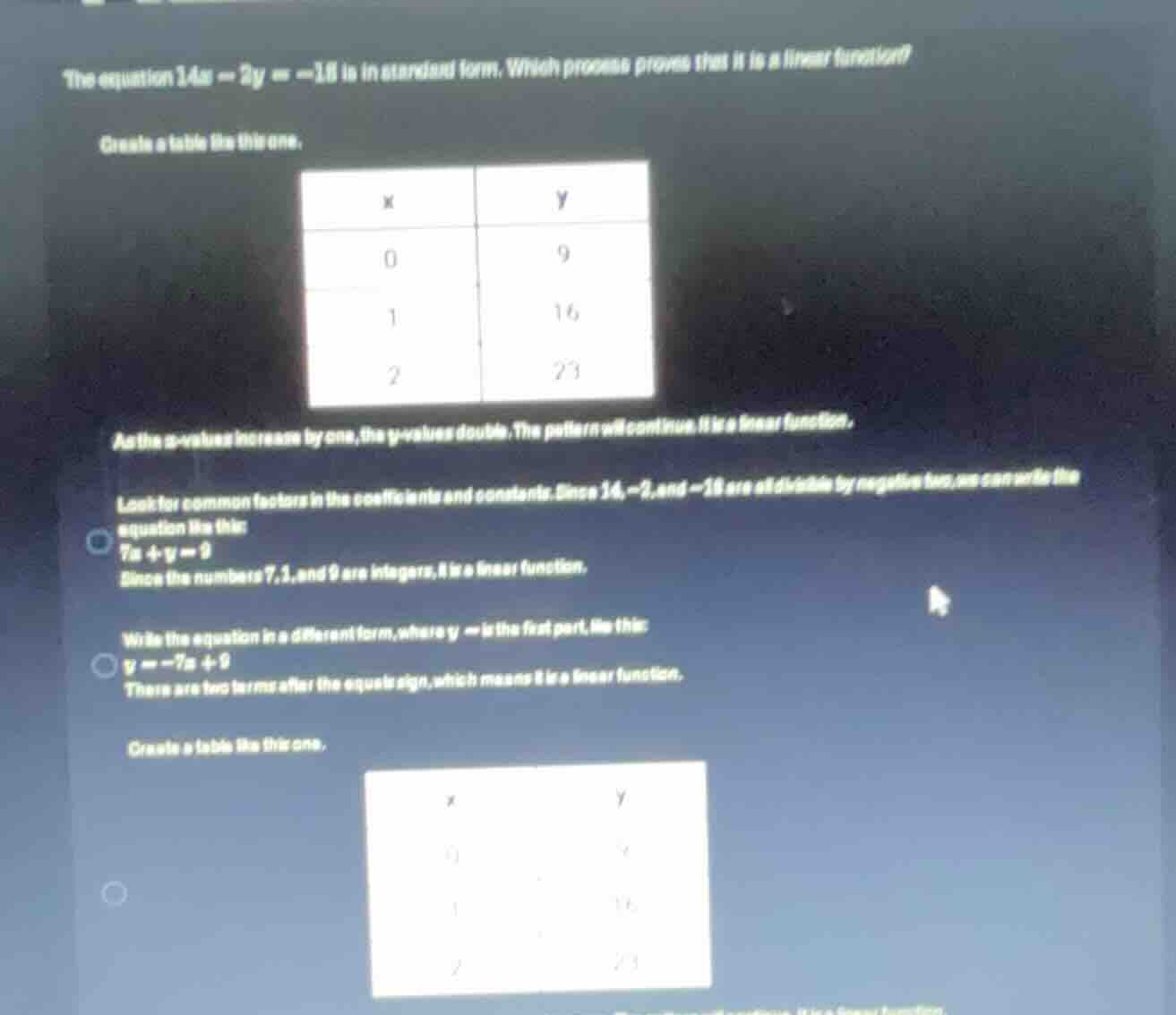 the equation ( 14x - 2y = -18 ) is in standard form. which process prov…