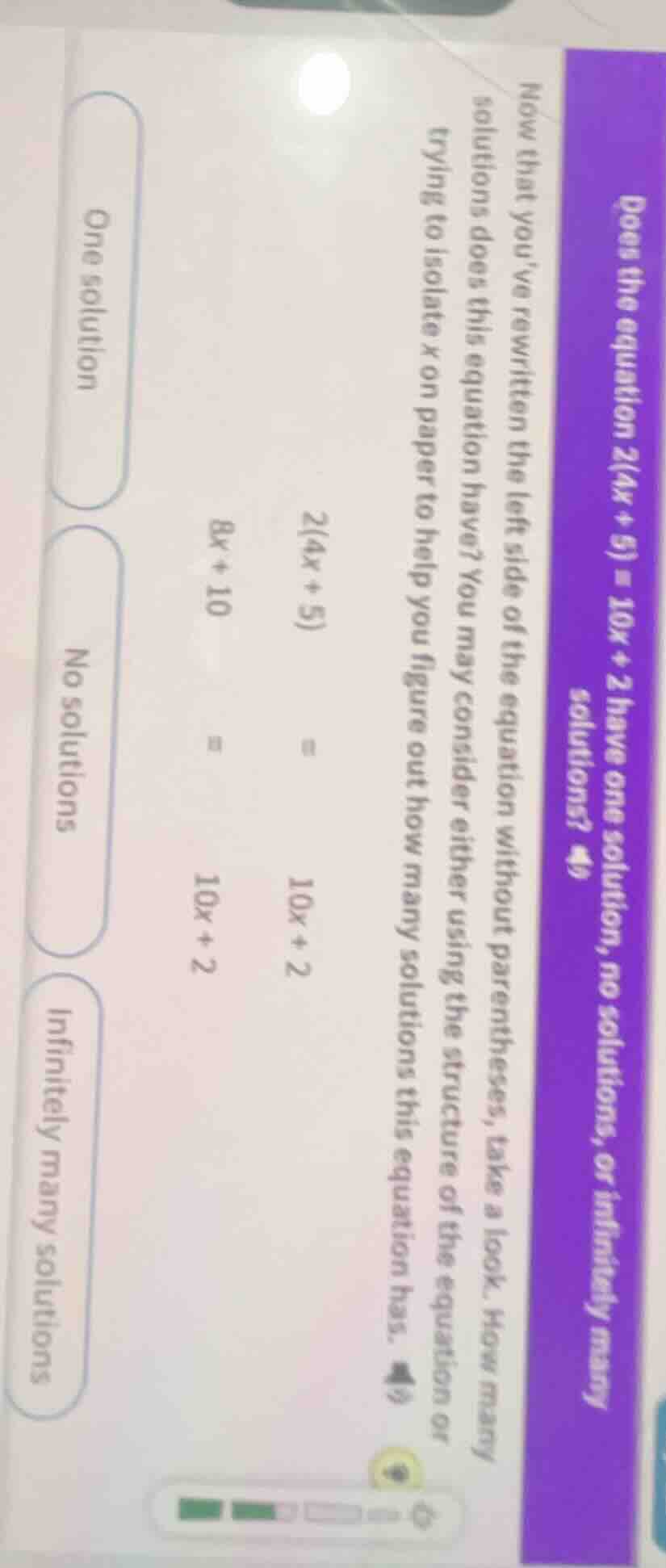 does the equation 2(4x + 5) = 10x + 2 have one solution, no solutions, …