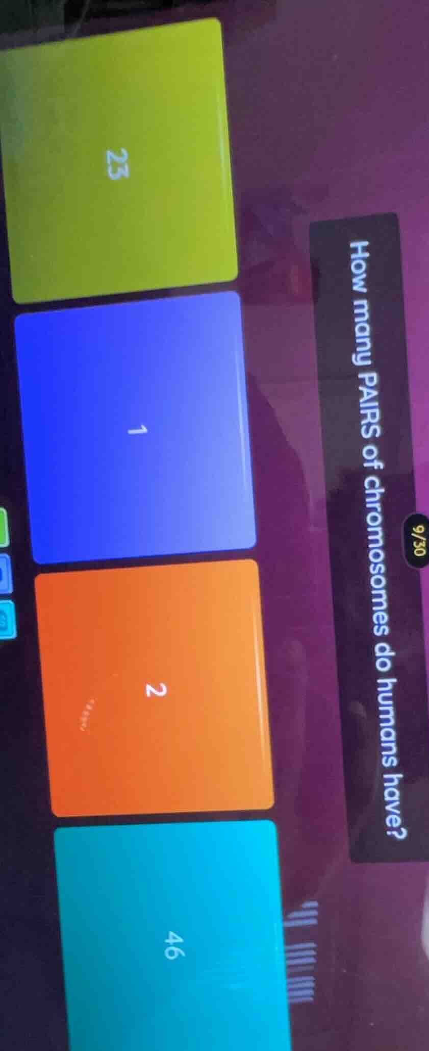 how many pairs of chromosomes do humans have? options: 23, 1, 2, 46
