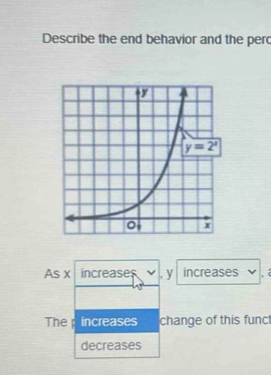 describe the end behavior and the per as x increases , y increases , th…