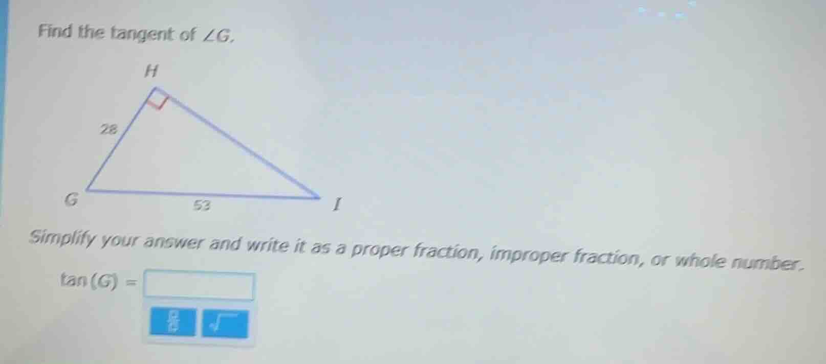 find the tangent of $\\angle g$. simplify your answer and write it as a…