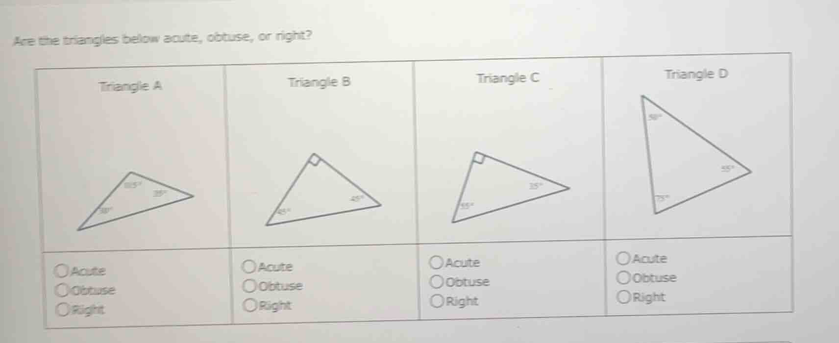 are the triangles below acute, obtuse, or right? triangle a triangle b …