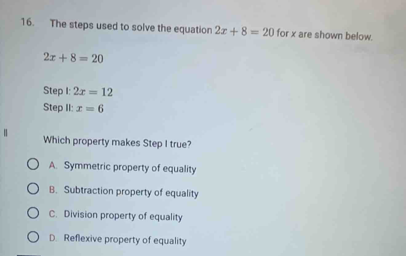 16. the steps used to solve the equation $2x + 8 = 20$ for $x$ are show…