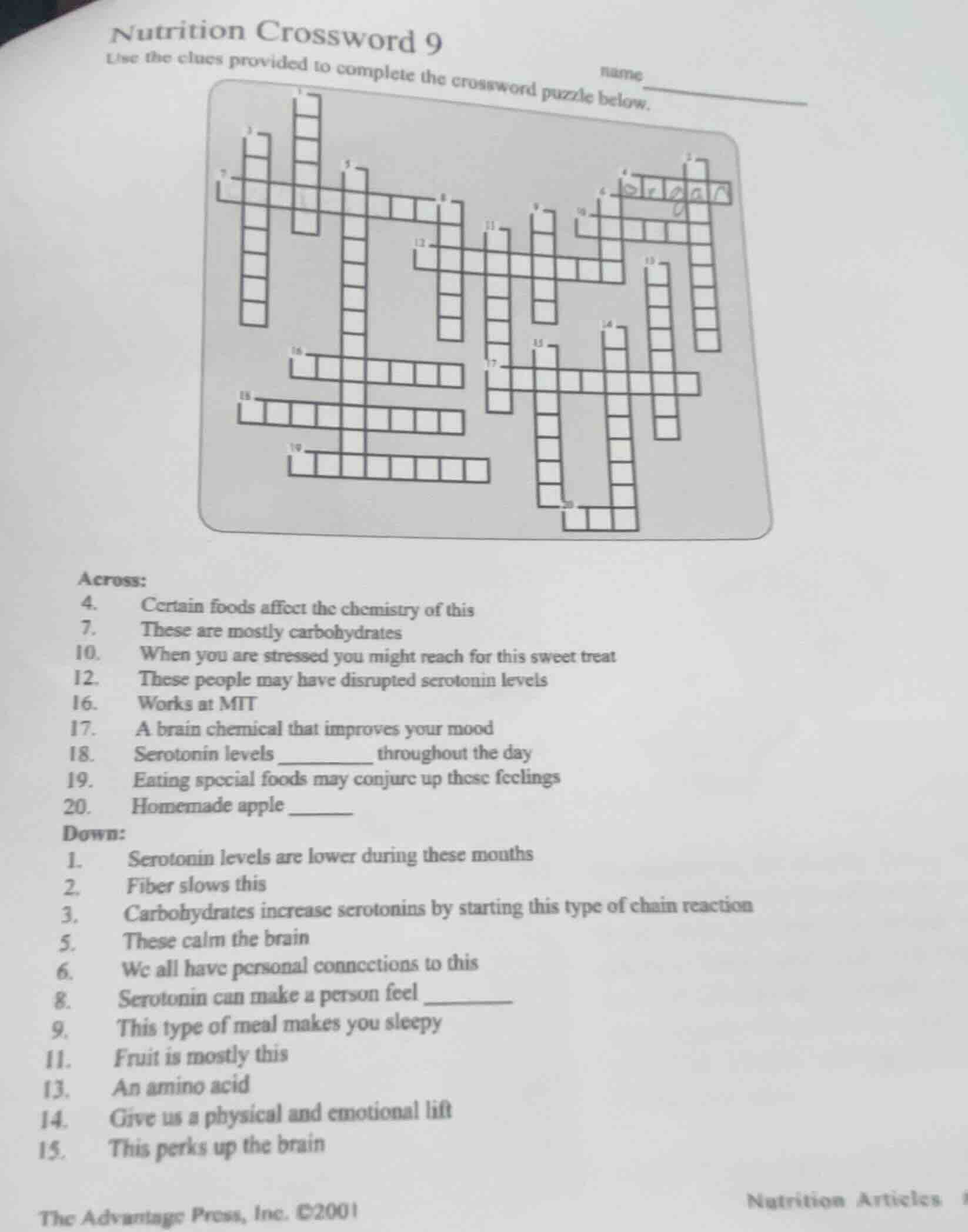 nutrition crossword 9 use the clues provided to complete the crossword …