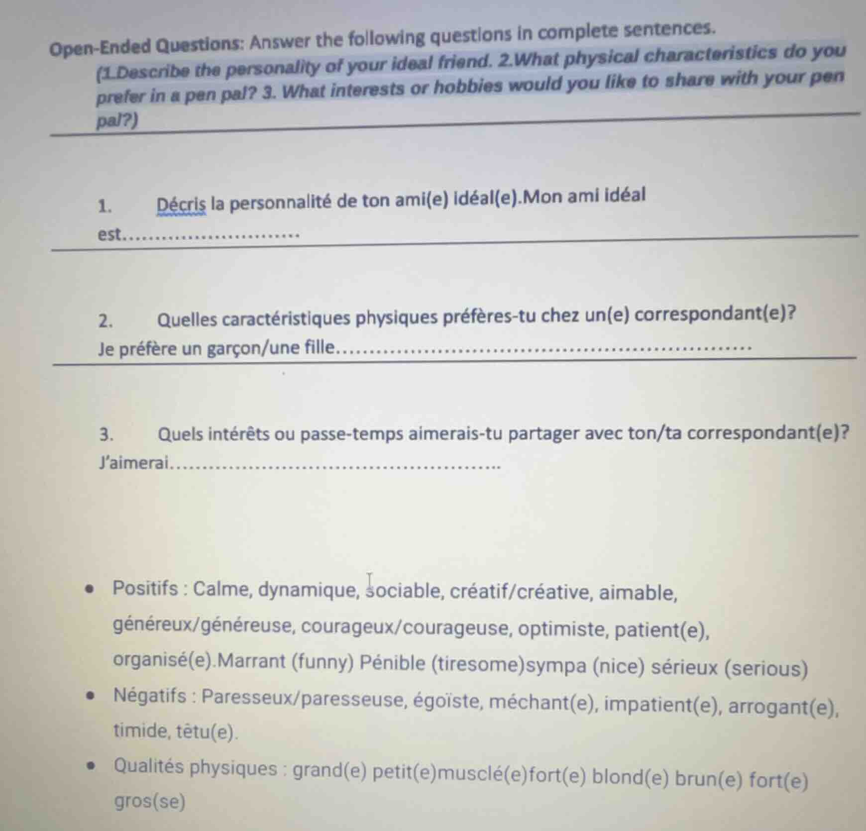 open - ended questions: answer the following questions in complete sent…