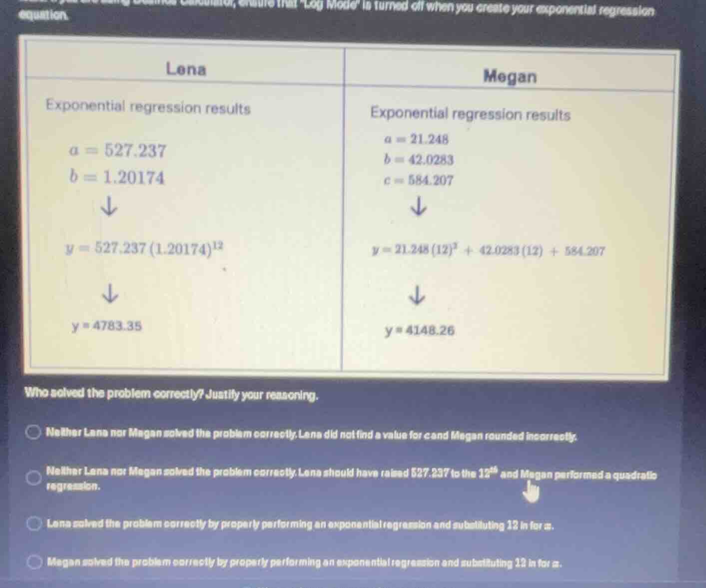 equation. lena exponential regression results $a = 527.237$ $b = 1.2017…