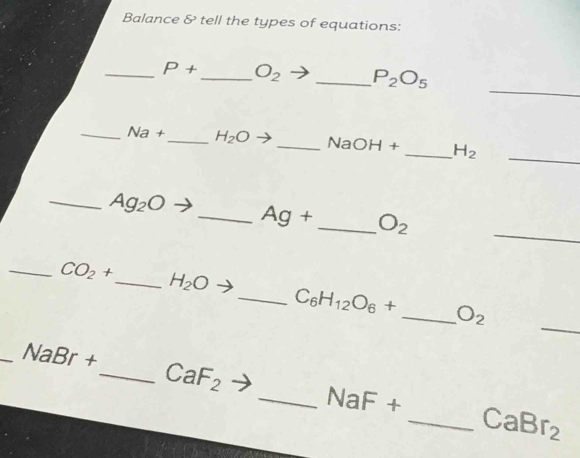 balance & tell the types of equations: _____ p + _____o₂ → _____p₂o₅ __…