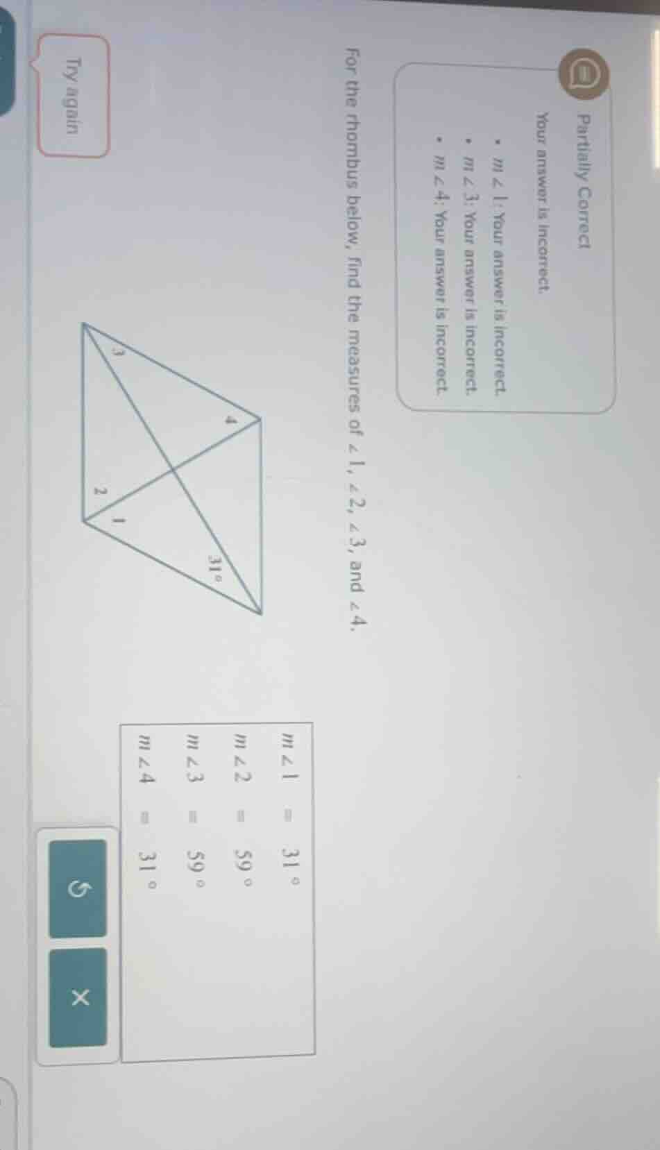 for the rhombus below, find the measures of ∠1, ∠2, ∠3, and ∠4.\ your a…