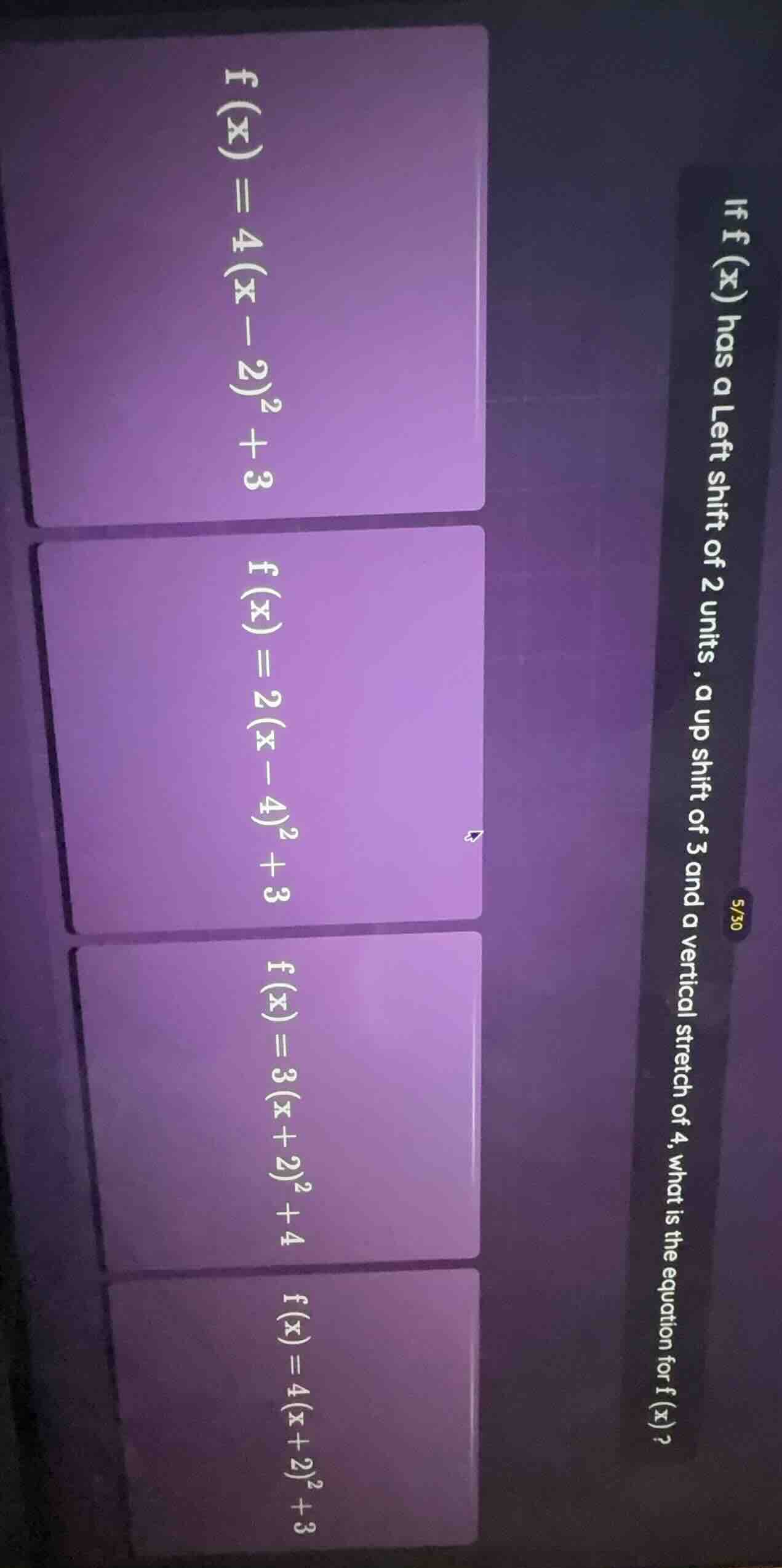 if f(x) has a left shift of 2 units, a up shift of 3 and a vertical str…