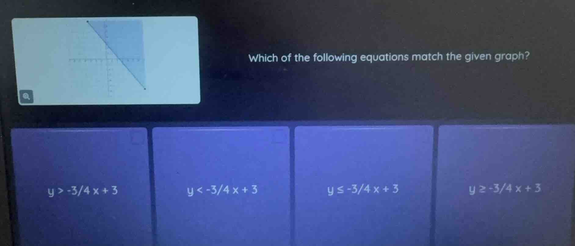 which of the following equations match the given graph? $y > -\\frac{3}…