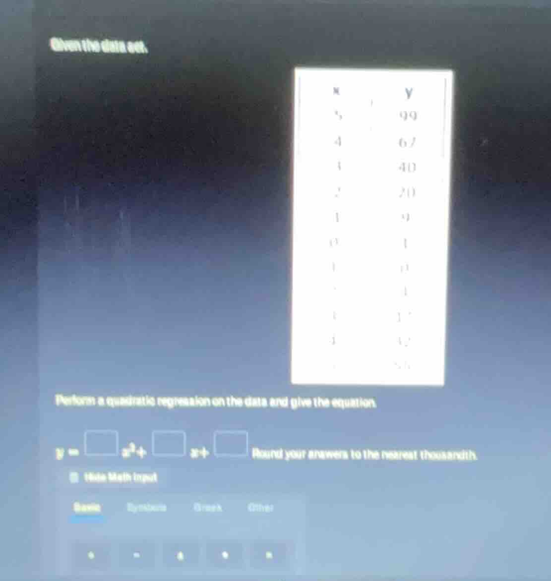 given the data set. perform a quadratic regression on the data and give…