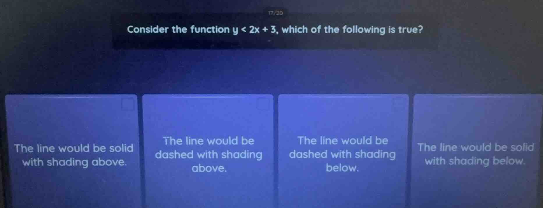 consider the function $y < 2x + 3$, which of the following is true? the…