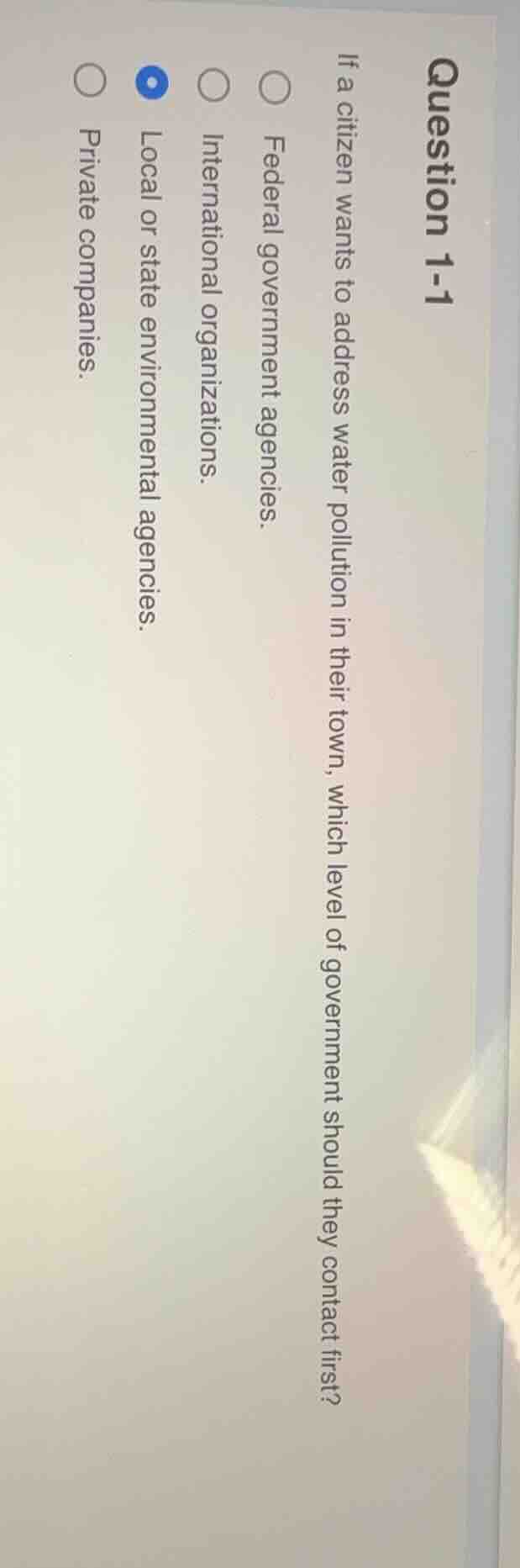question 1-1 if a citizen wants to address water pollution in their tow…