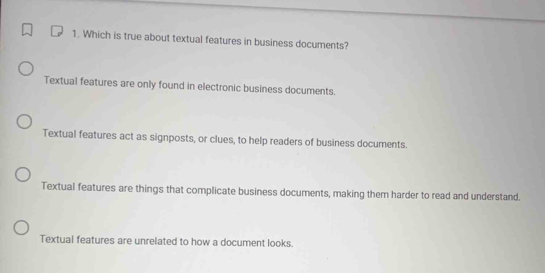 1. which is true about textual features in business documents? textual …