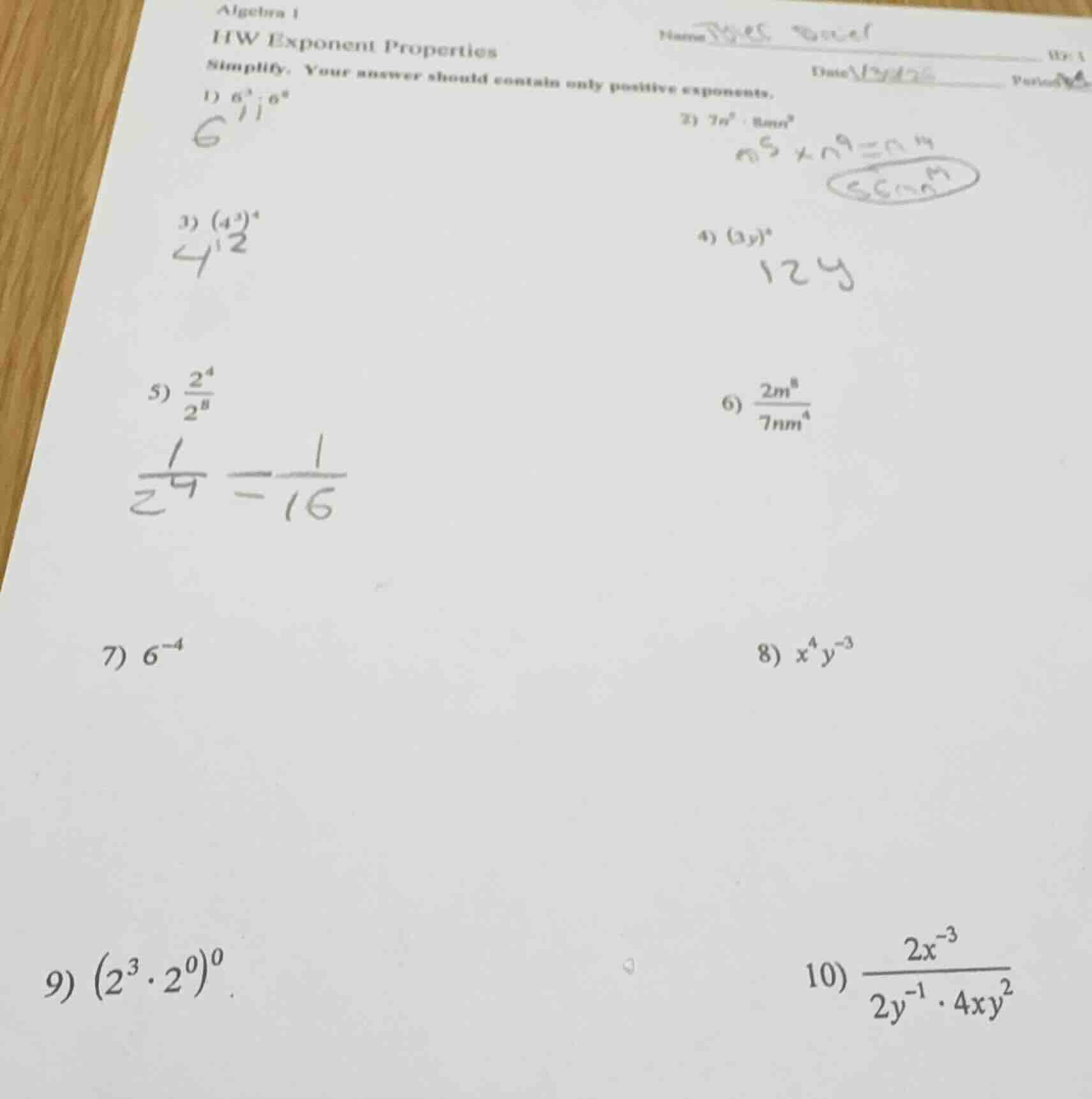 algebra 1 hw exponent properties simplify. your answer should contain o…