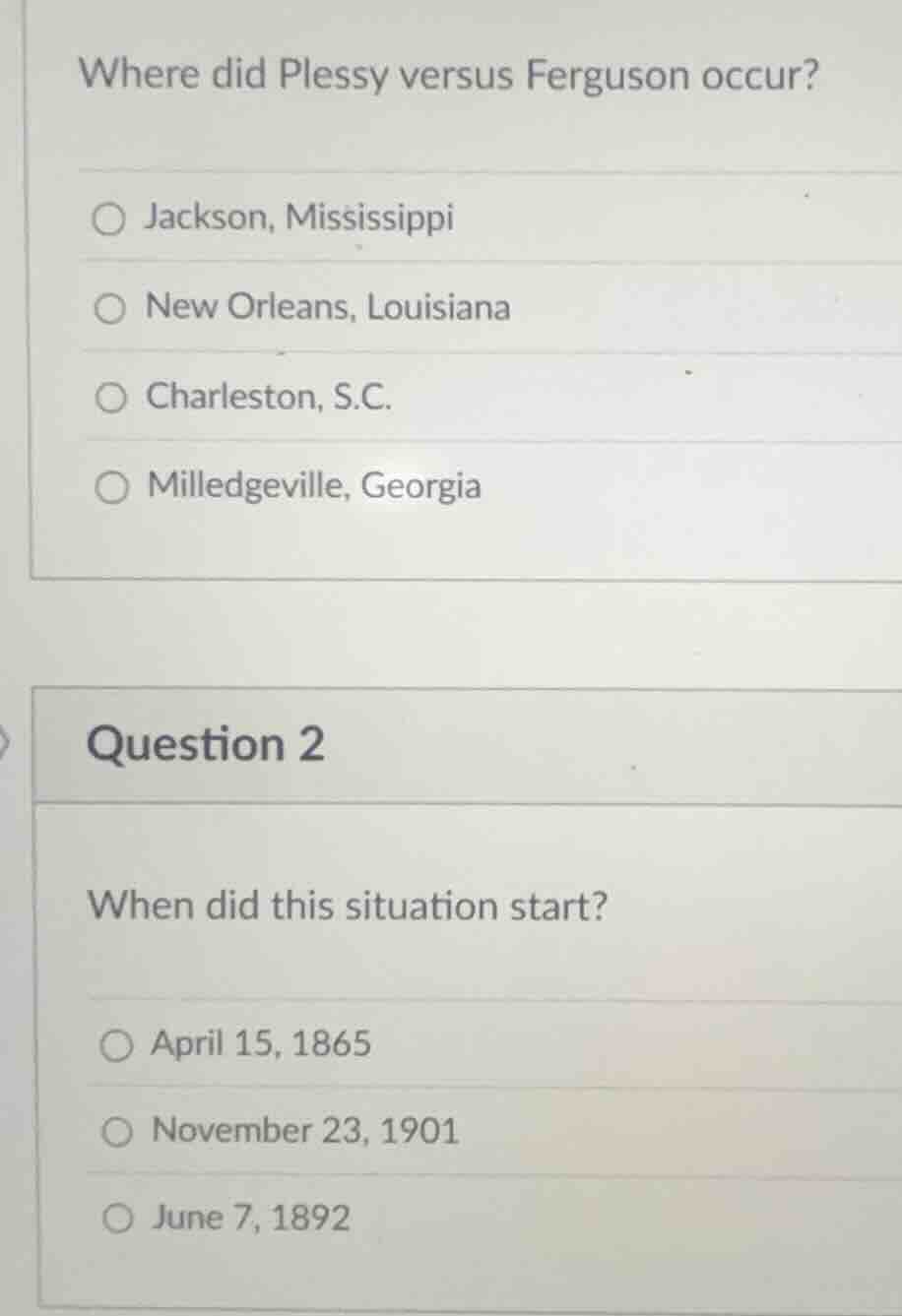 where did plessy versus ferguson occur? ○ jackson, mississippi ○ new or…