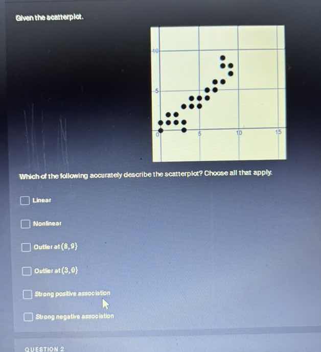 given the scatterplot. which of the following accurately describe the s…