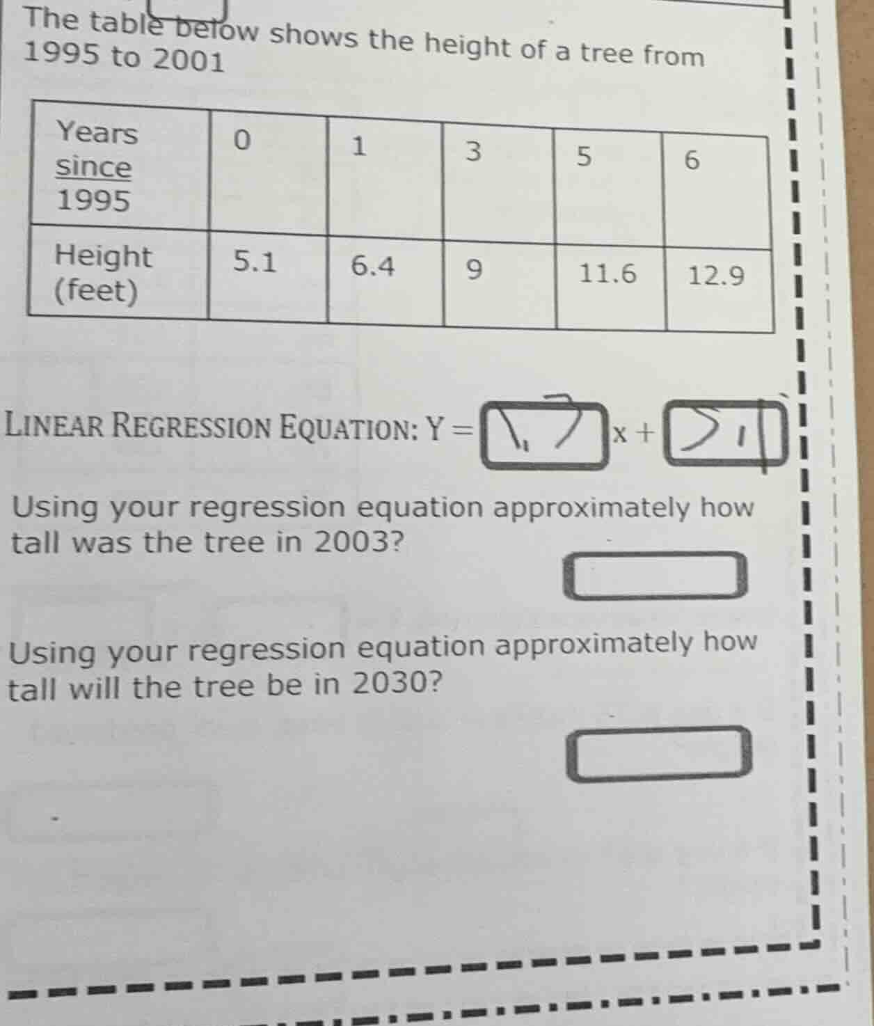 the table below shows the height of a tree from 1995 to 2001 years sinc…