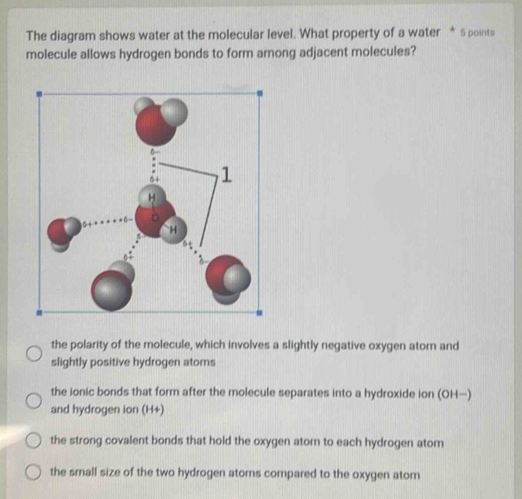 the diagram shows water at the molecular level. what property of a wate…