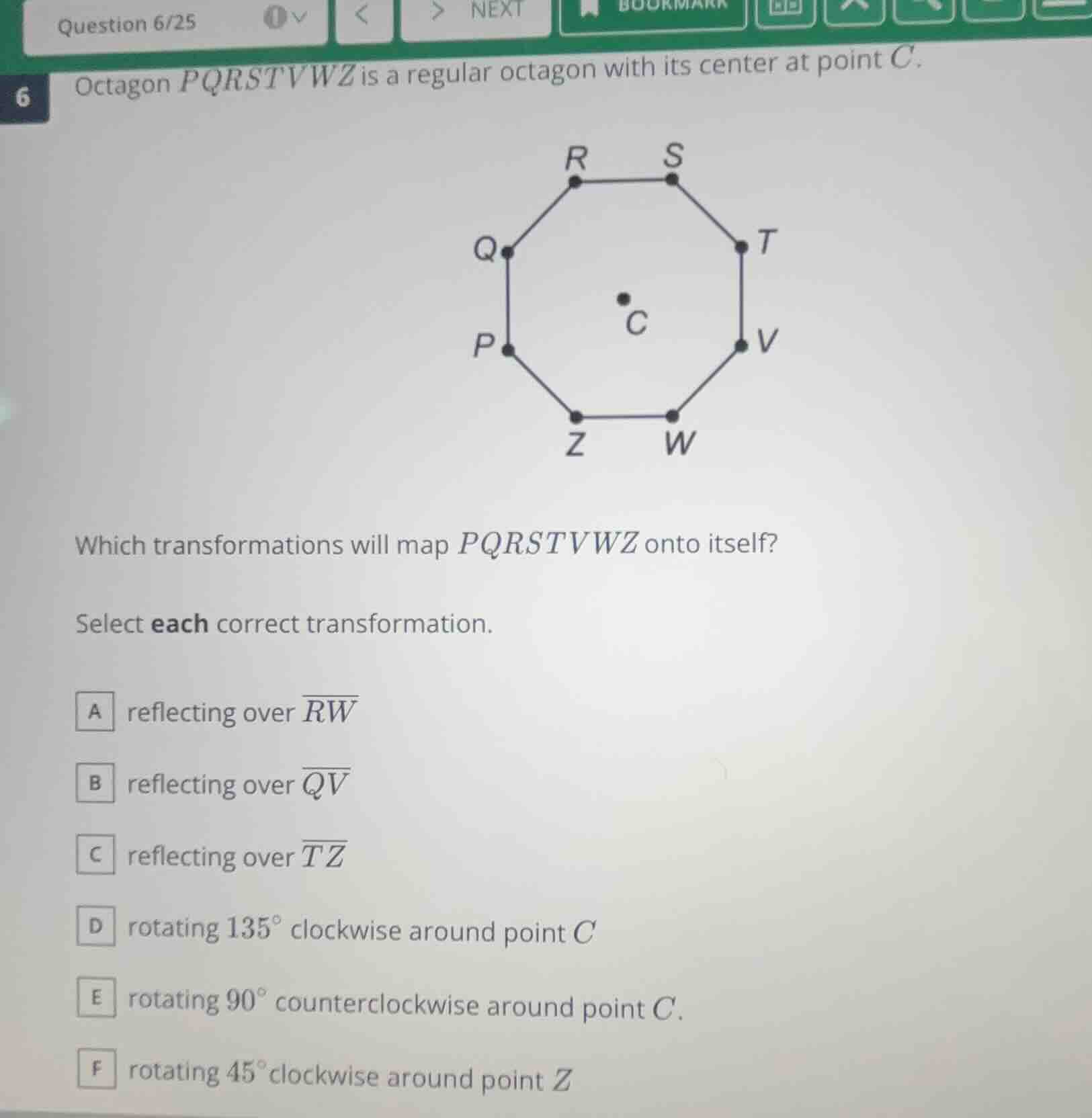 question 6/25 6 octagon pqrstvwz is a regular octagon with its center a…
