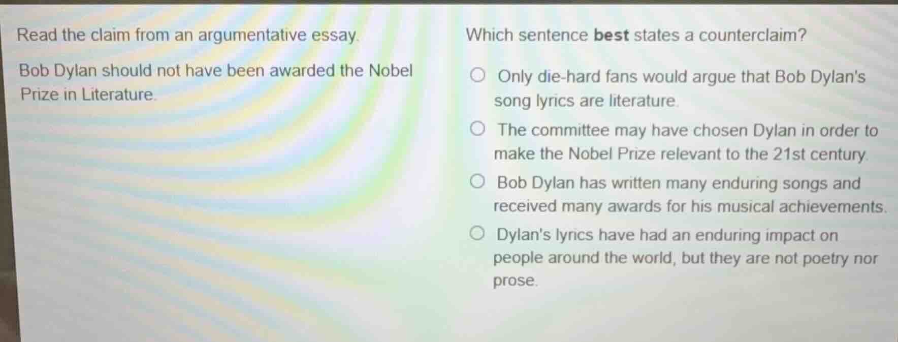 read the claim from an argumentative essay. bob dylan should not have b…