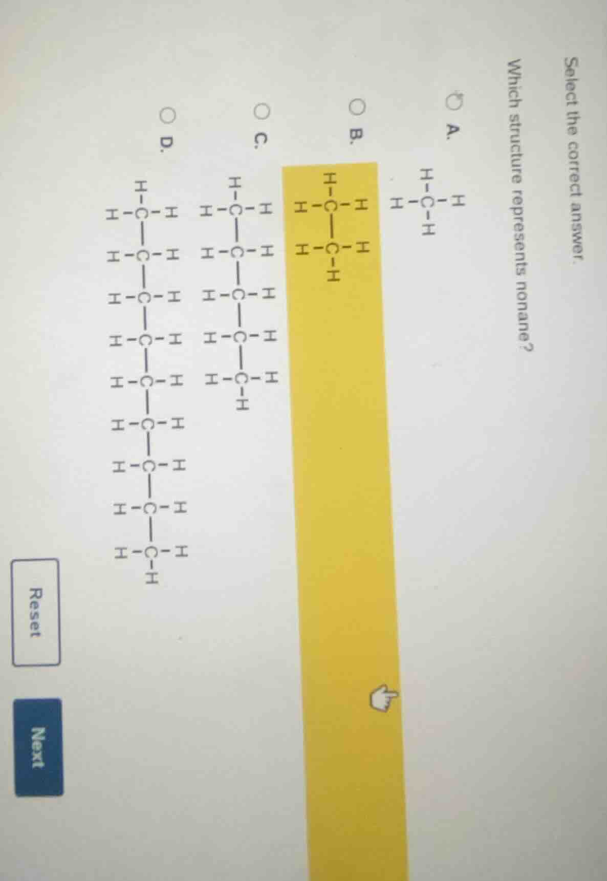 select the correct answer. which structure represents nonane? a. \\(\\c…