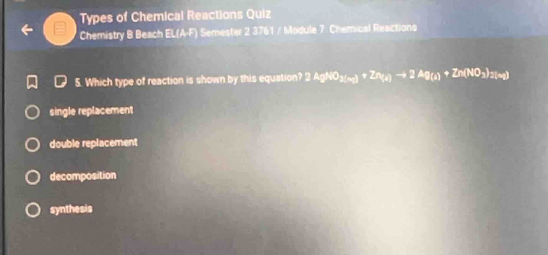 5. which type of reaction is shown by this equation? $2\\ agno_3(aq) + …