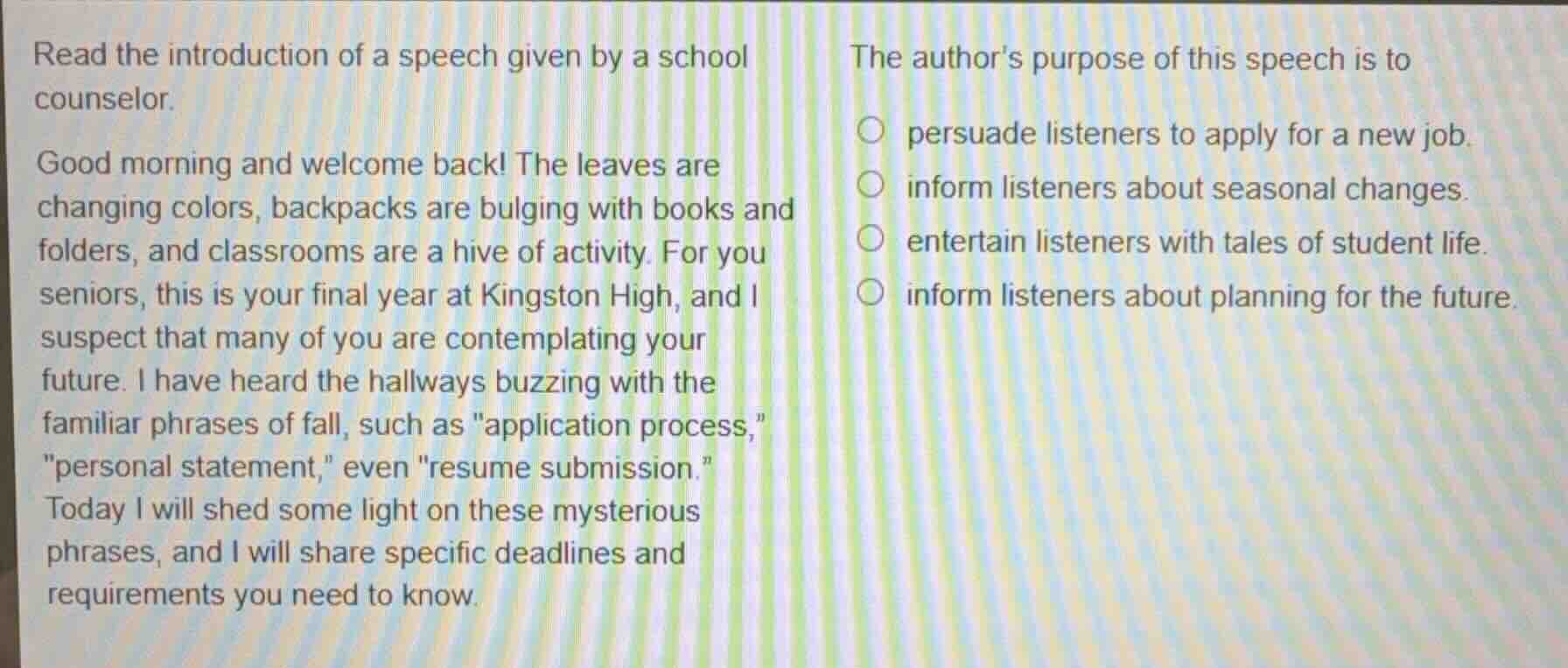read the introduction of a speech given by a school counselor. good mor…