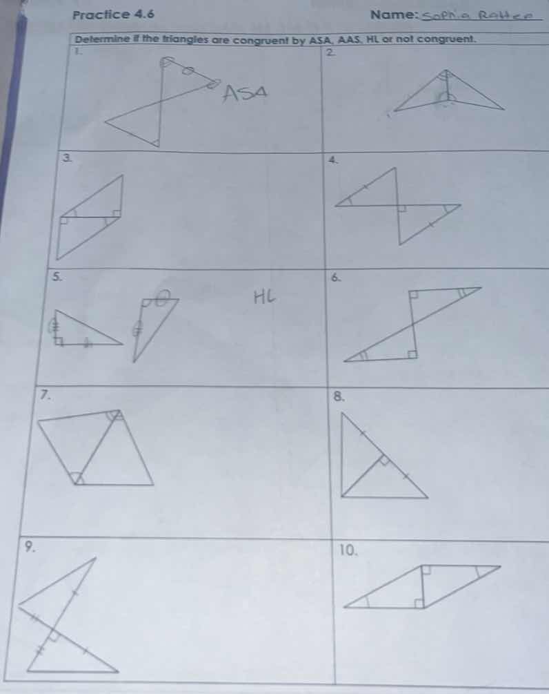 practice 4.6 name: sophie rower determine if the triangles are congruen…