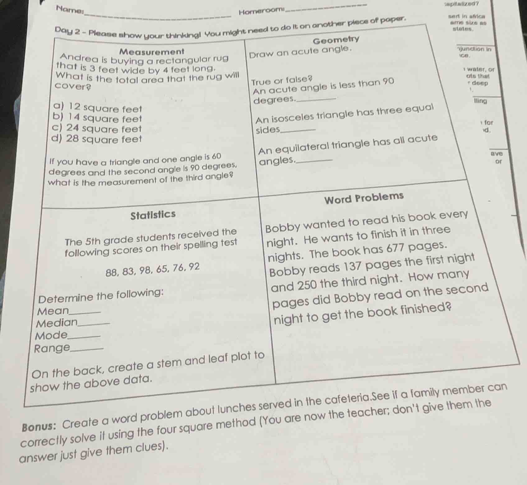 name:______________________________ homeroom:_____________________ day …