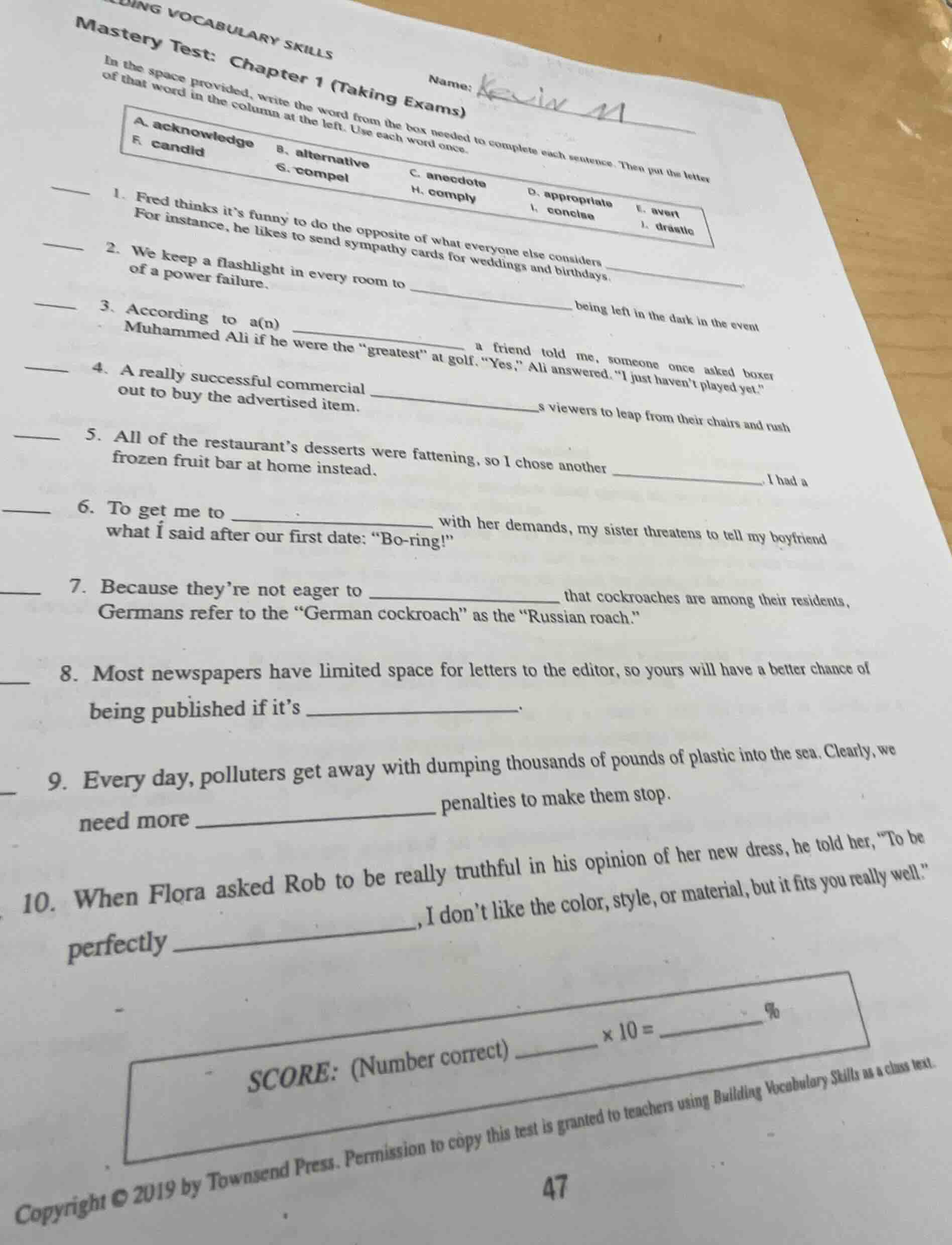 building vocabulary skills name: kevin m mastery test: chapter 1 (takin…