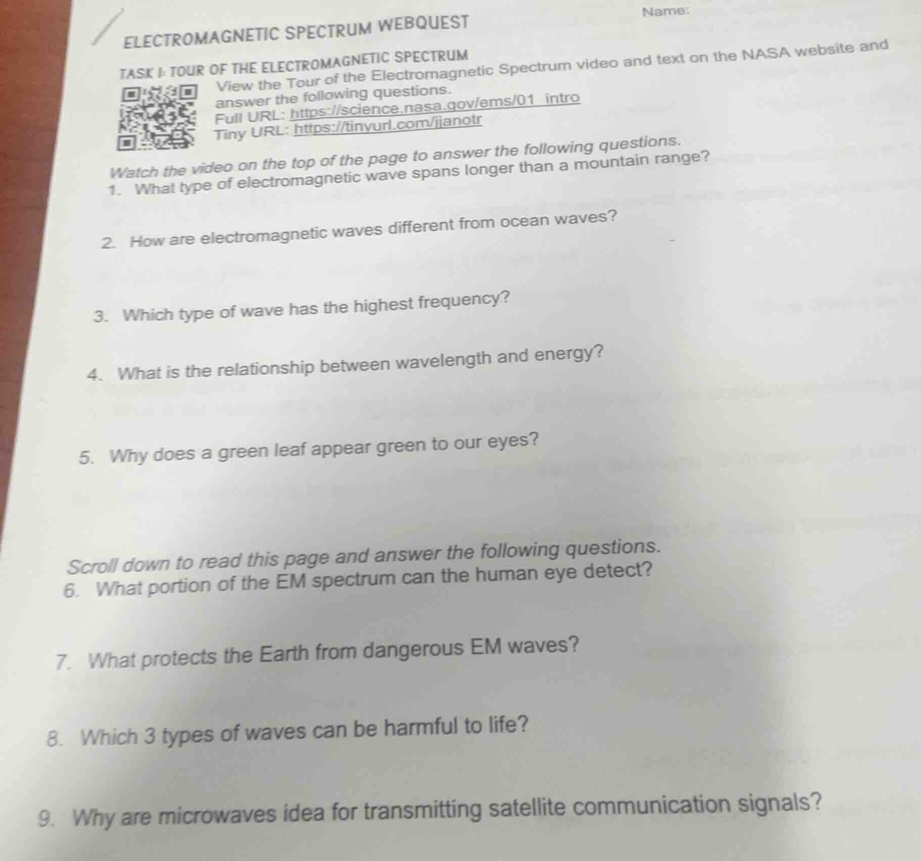 electromagnetic spectrum webquest name: task i: tour of the electromagn…