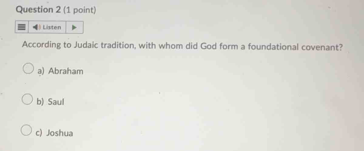 question 2 (1 point) listen according to judaic tradition, with whom di…