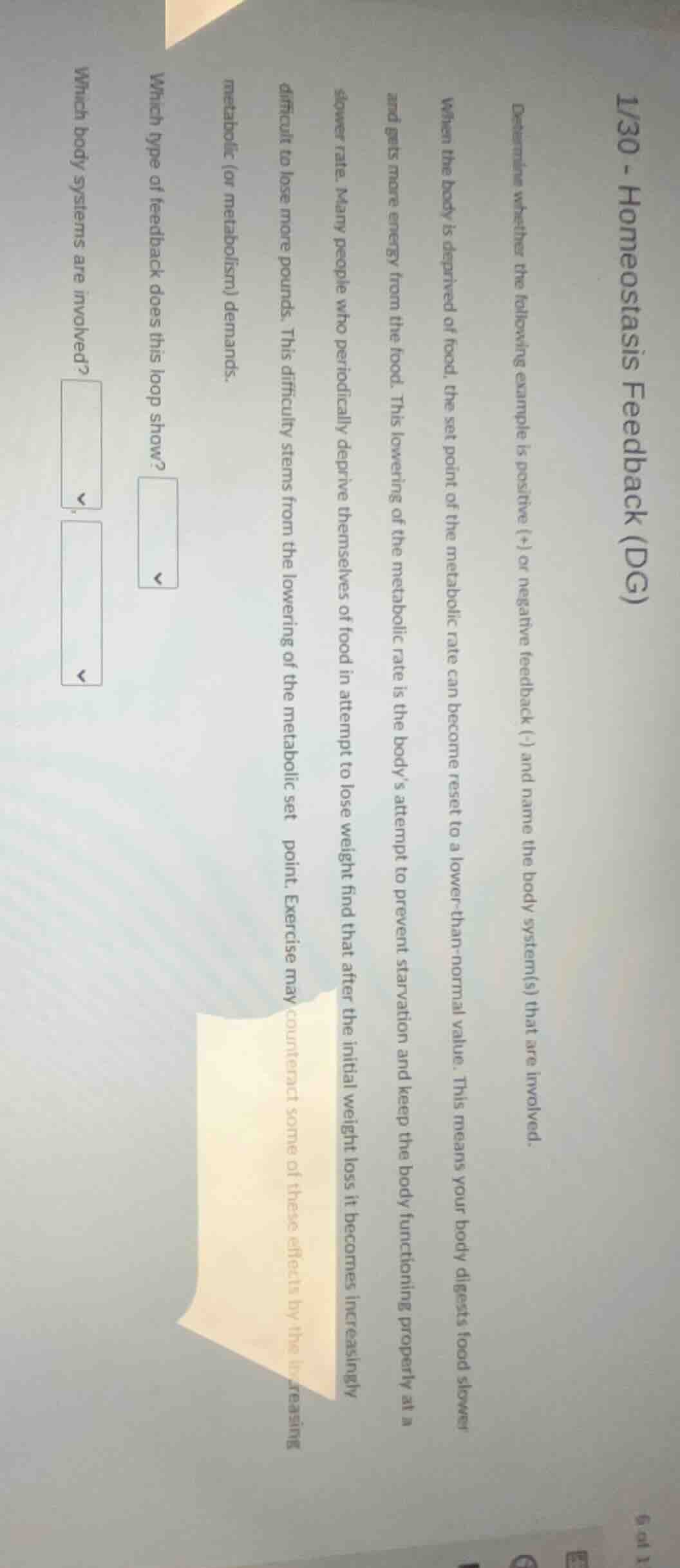 1/30 - homeostasis feedback (dg) determine whether the following exampl…
