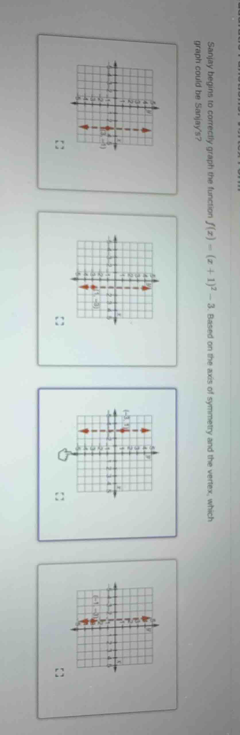sanjay begins to correctly graph the function ( f(x) = (x + 1)^2 - 3 ).…