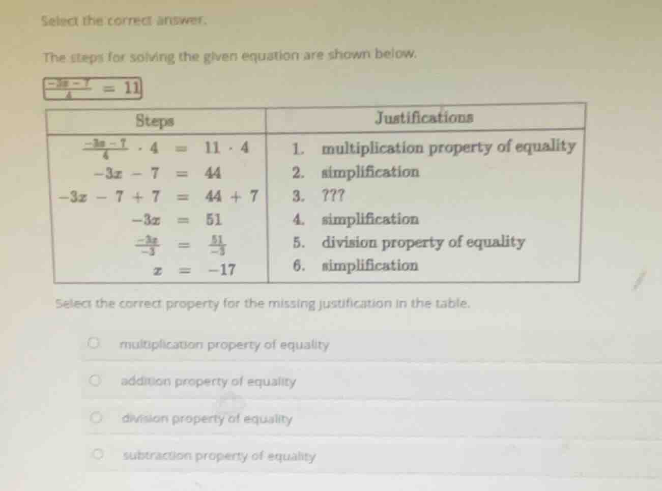 select the correct answer. the steps for solving the given equation are…