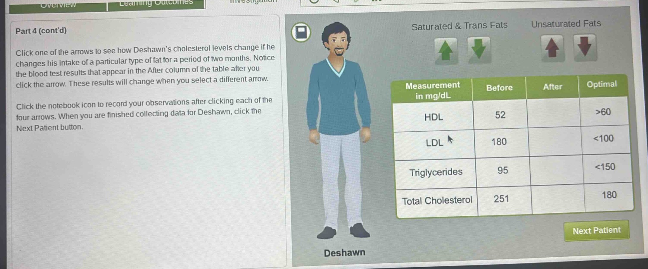 part 4 (contd) click one of the arrows to see how deshawn’s cholesterol…