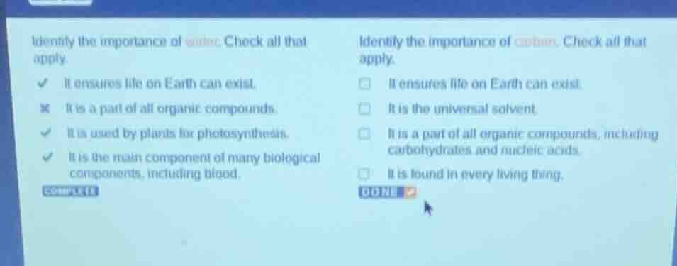 identify the importance of first element, likely oxygen. check all that…