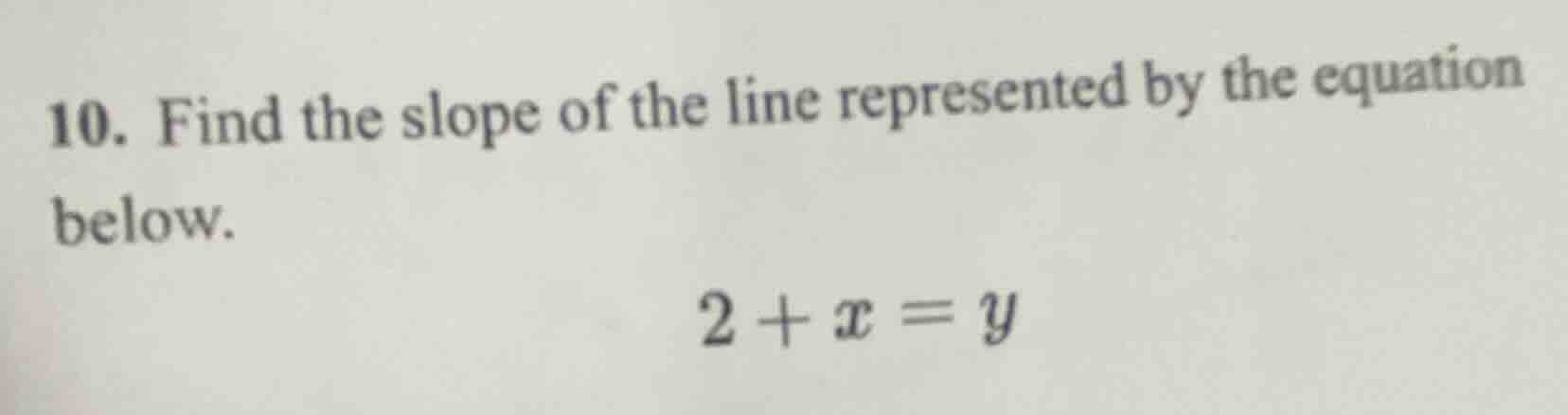 10. find the slope of the line represented by the equation below. 2 + x…