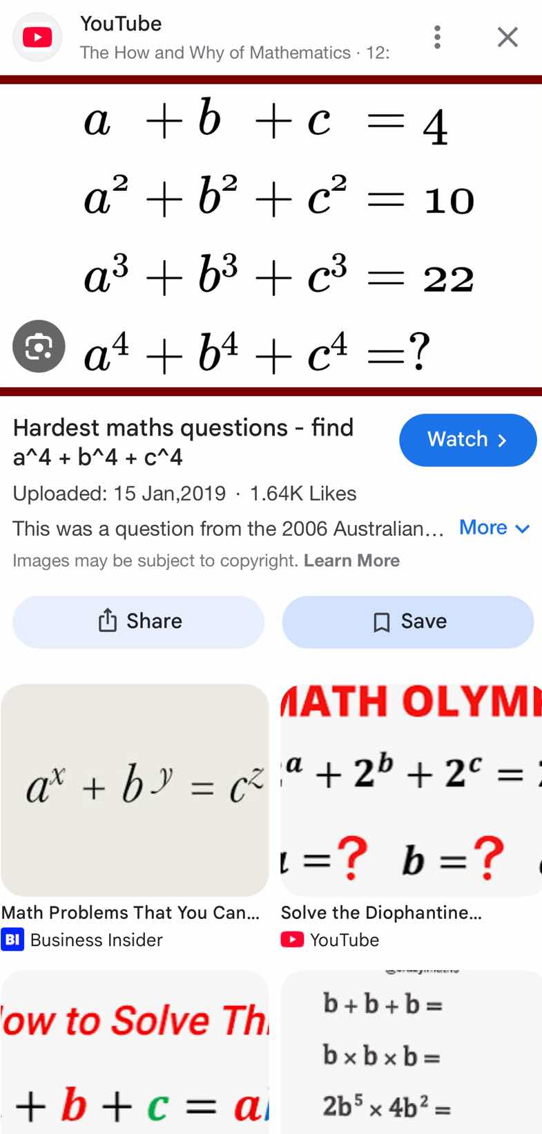 a + b + c = 4\ a² + b² + c² = 10\ a³ + b³ + c³ = 22\ a⁴ + b⁴ + c⁴ = ?\ …