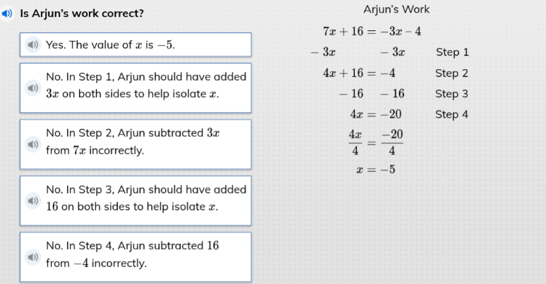 is arjuns work correct? arjuns work 7x + 16 = -3x - 4 - 3x - 3x step 1 …