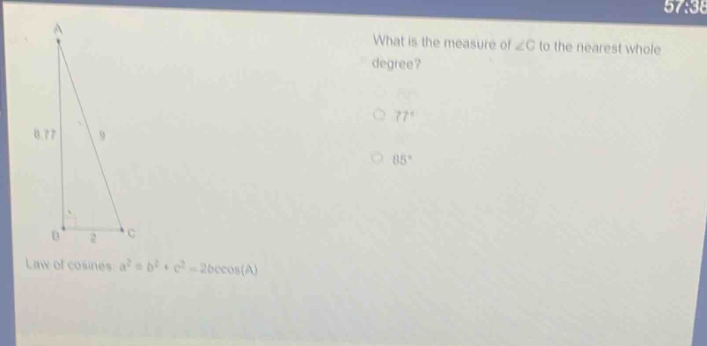 what is the measure of ∠c to the nearest whole degree?\ \\bigcirc 77°\ …