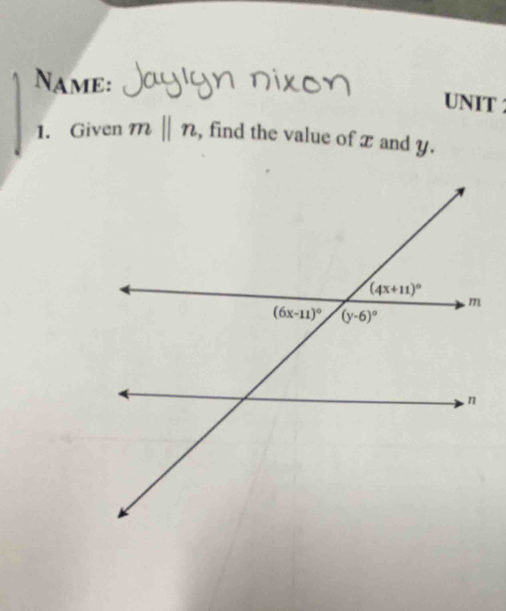 name: jaylyn nixon unit 1. given ( m parallel n ), find the value of ( …
