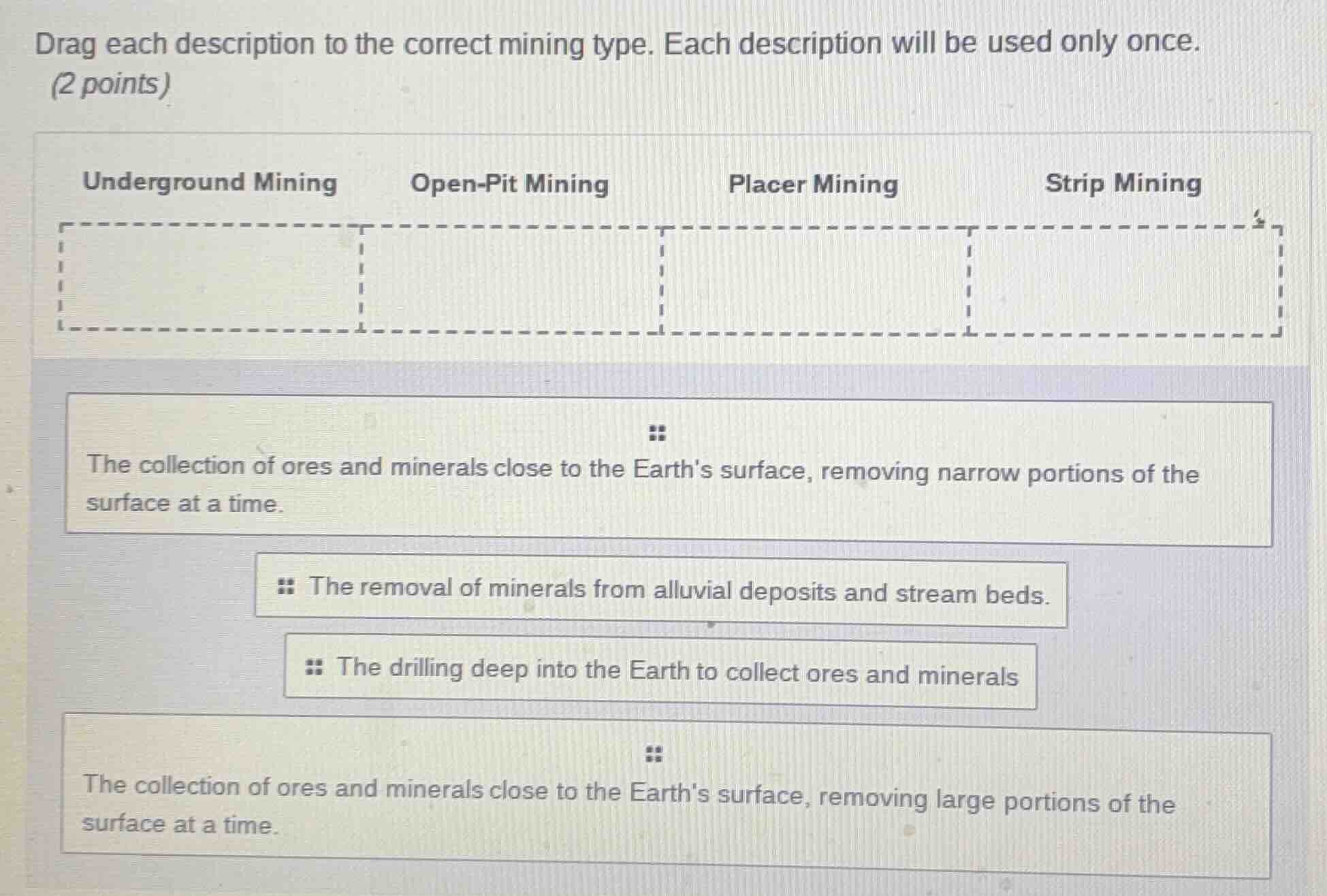 drag each description to the correct mining type. each description will…