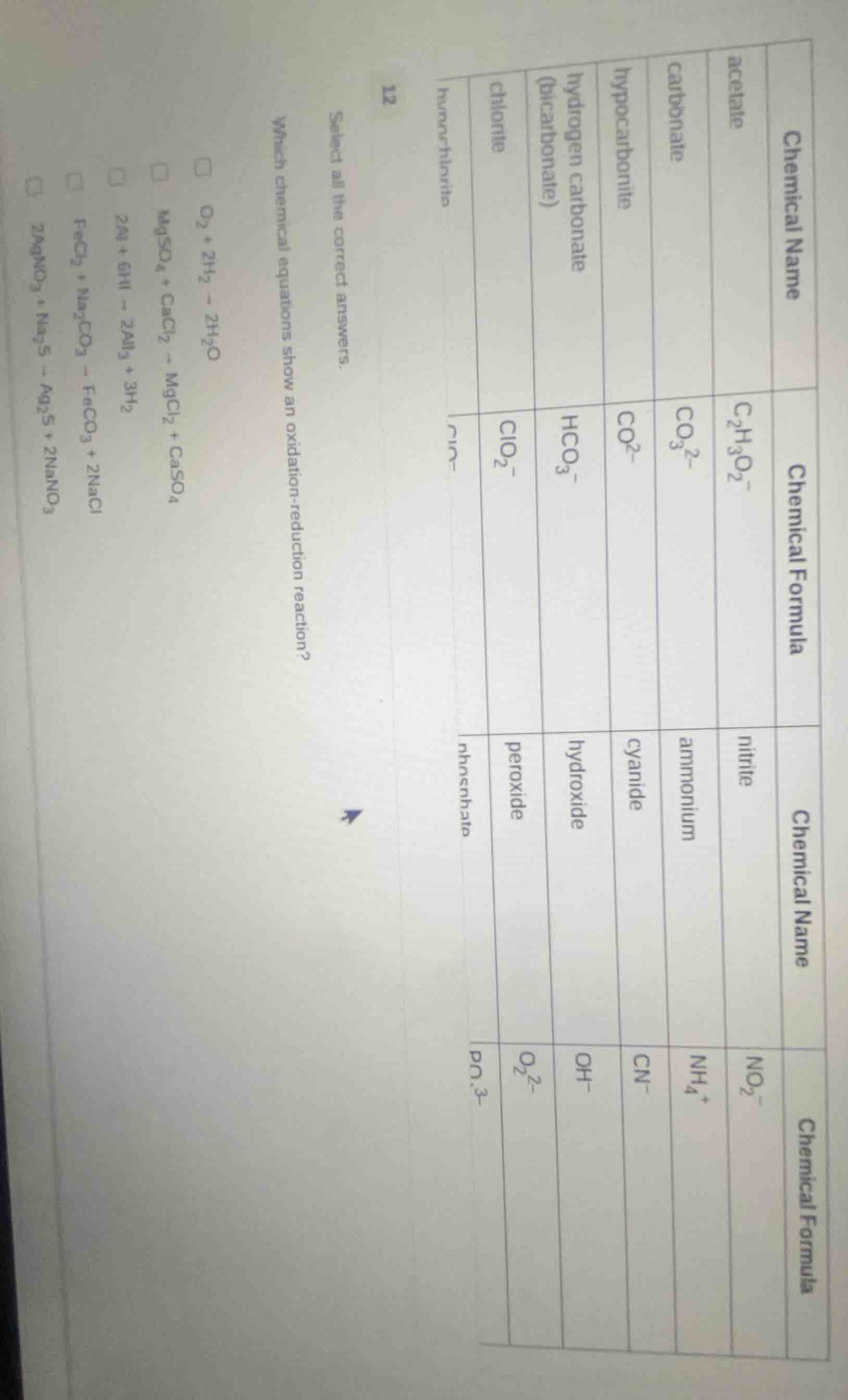 12 select all the correct answers. which chemical equations show an oxi…