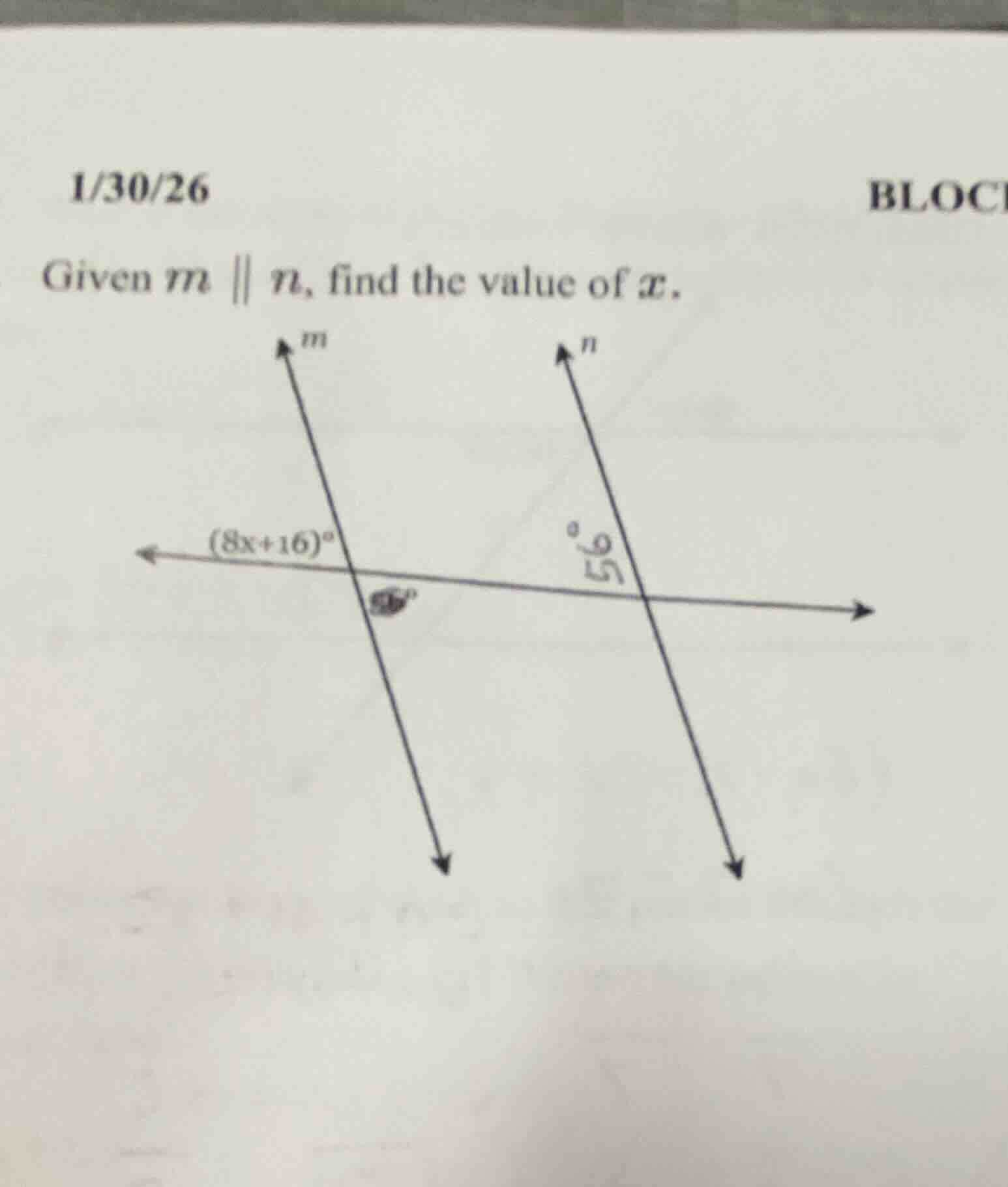 1/30/26 bloc given ( m parallel n ), find the value of ( x ).