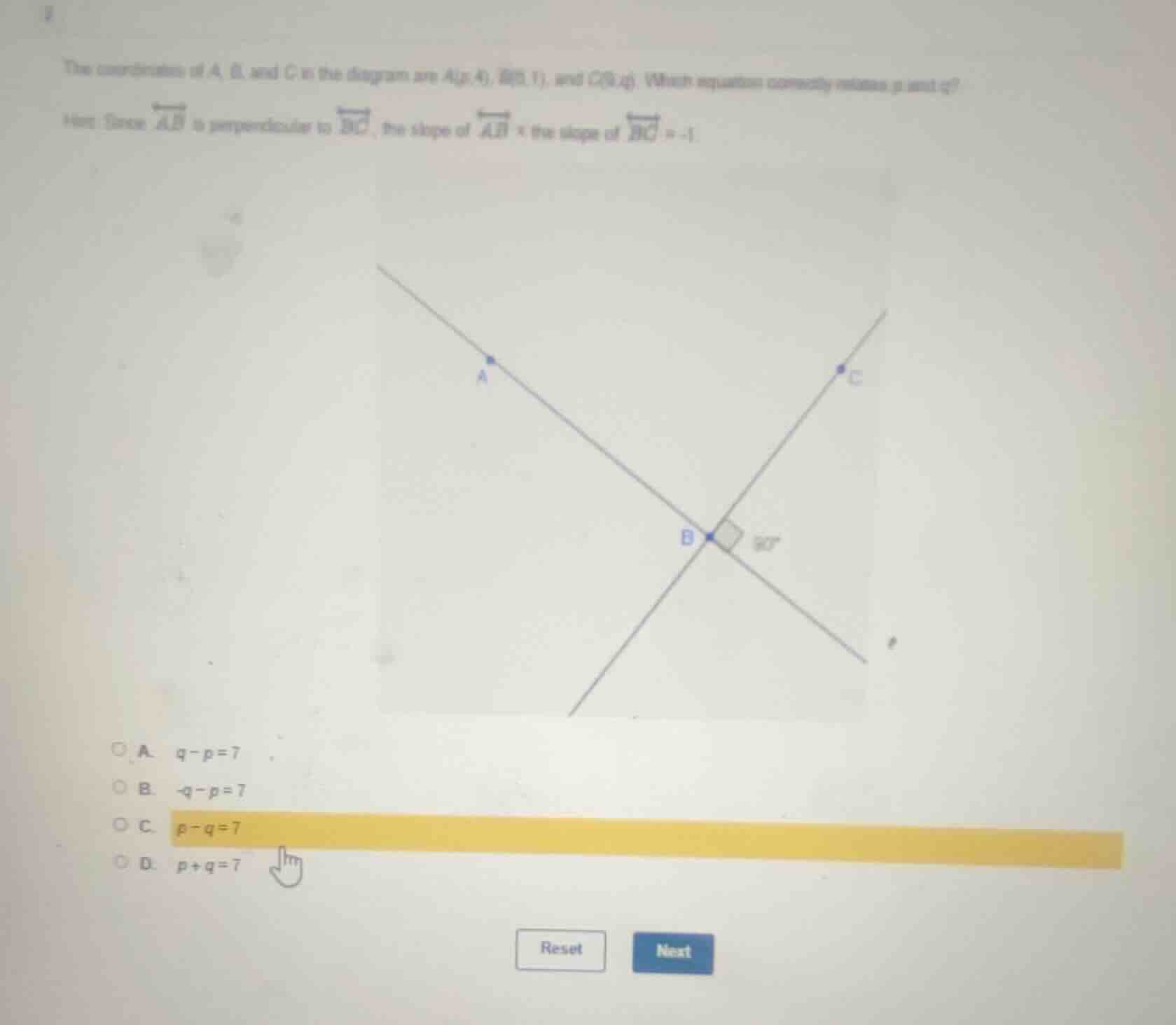 the coordinates of a, b, and c in the diagram are a(p, 4), b(5, 1), and…