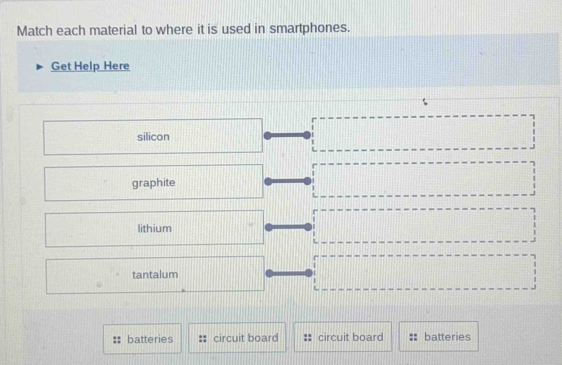 match each material to where it is used in smartphones. get help here s…